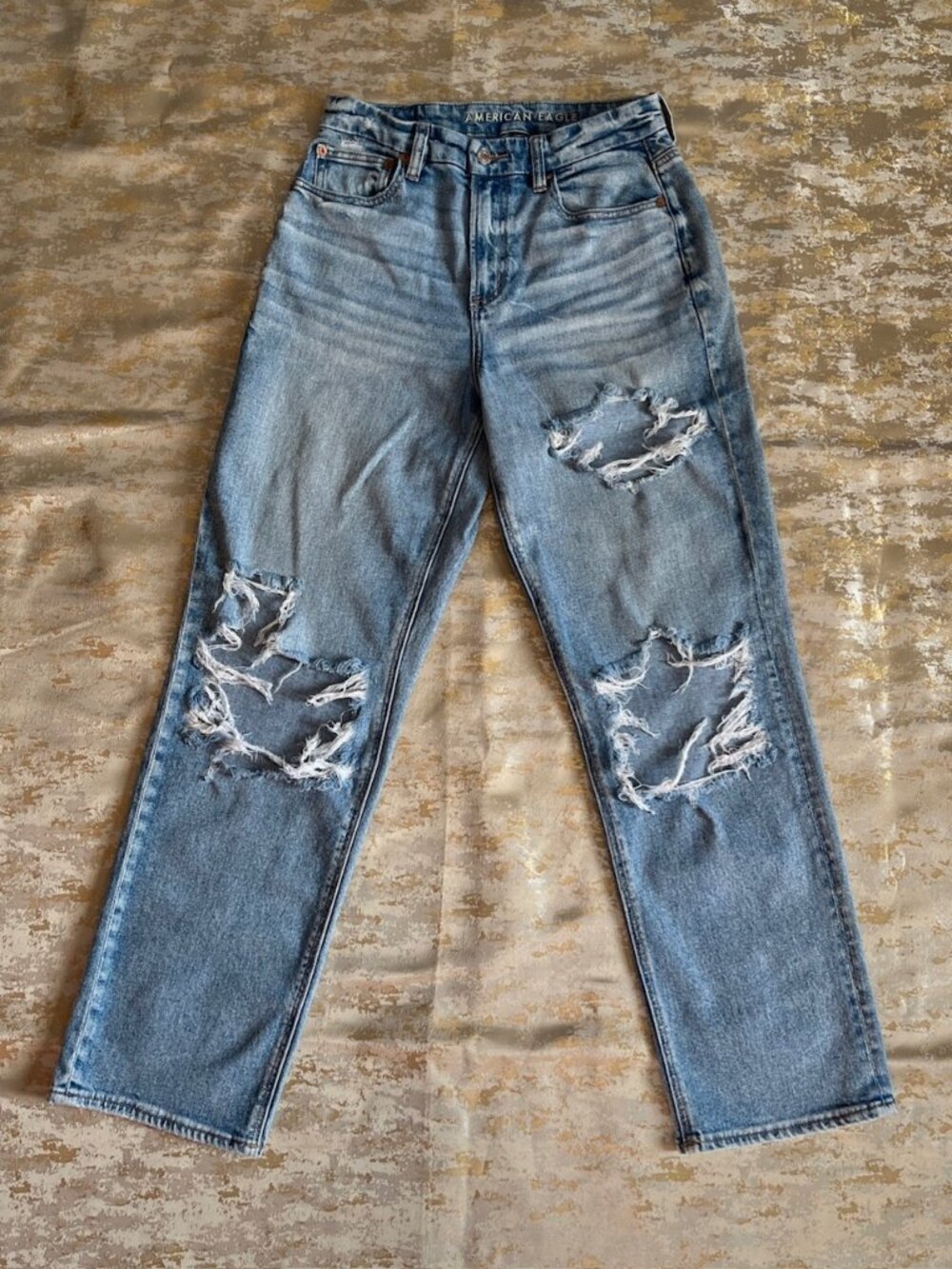 American Eagle Stretch Curvy 90s Straight Jeans Women 4 Regular Distressed Holes